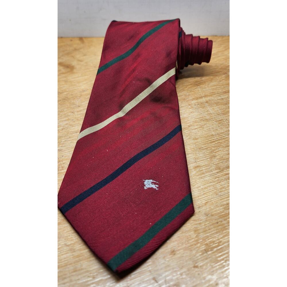 Vintage Burberrys of London Tie 100% Silk Burgundy W/Green,gold,blue Stripes‎